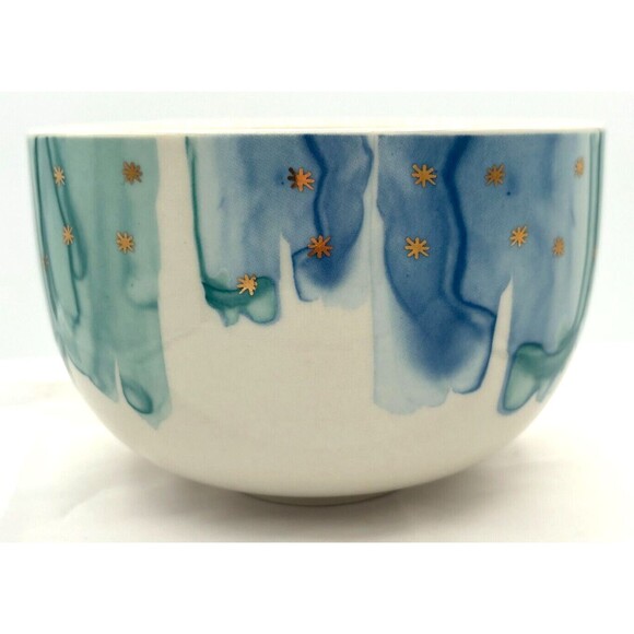 Anthropologie Night Sky Bowl Stoneware Blue Teal Drip Watercolor Wash Gold Star - Picture 3 of 15